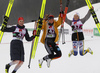 Winner Helen Hoffmann of Germany (M), second placed Nadja Kaelin of Switzerland (L) and third placed Maerta Rosenberg of Sweden celebrate in finish of the U23 women cross country skiing 10km classic race of FIS Junior Nordic skiing World Championships 2024 in Planica, Slovenia. U23 women cross country skiing 10km classic race of FIS Junior Nordic skiing World Championships 2024 was held in Planica Nordic Center in Planica, Slovenia, on Saturday, 10th of February 2024.