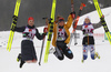 Winner Helen Hoffmann of Germany (M), second placed Nadja Kaelin of Switezrland (L) and third placed Maerta Rosenberg of Sweden (R) celebrate their medal won in 10km classic race of FIS Junior Nordic skiing World Championships 2024 in Planica, Slovenia. U23 women cross country skiing 10km classic race of FIS Junior Nordic skiing World Championships 2024 was held in Planica Nordic Center in Planica, Slovenia, on Saturday, 10th of February 2024.